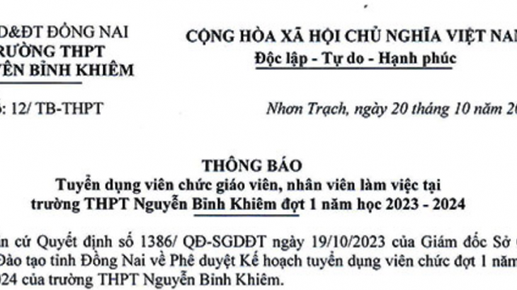 Thông báo tuyển dụng viên chức làm việc tại trường THPT Nguyễn Bỉnh Khiêm đợt 1 năm học 2023-2024
